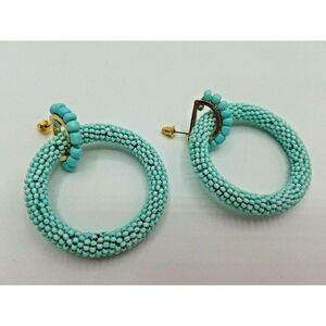 Aqua Blue Beaded Earrings Hoop Pierced Gold Tone